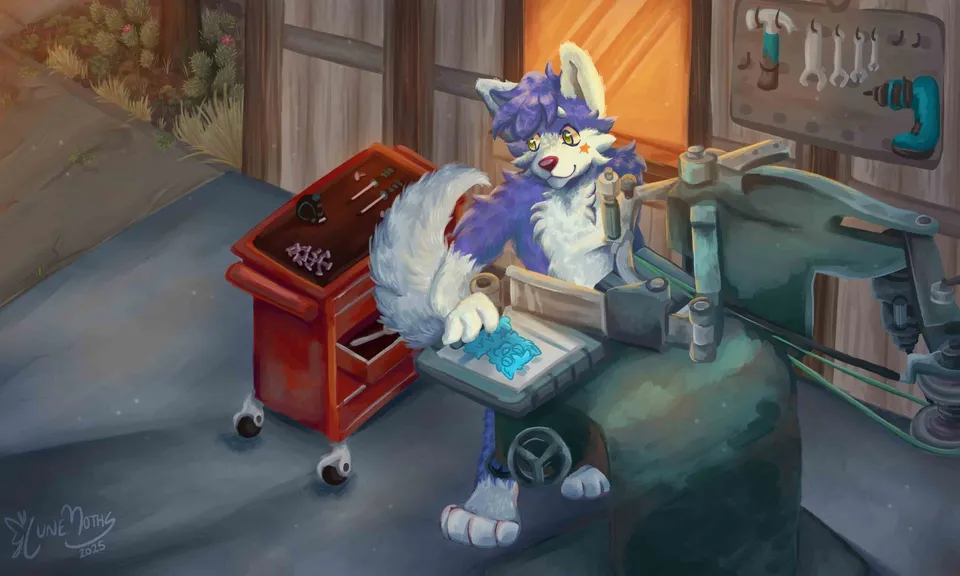 Painting of Bim, a blue and white wolf, feeding a sheet of blue pin outlines into a big green pantograph engraver in a wooden workshop.