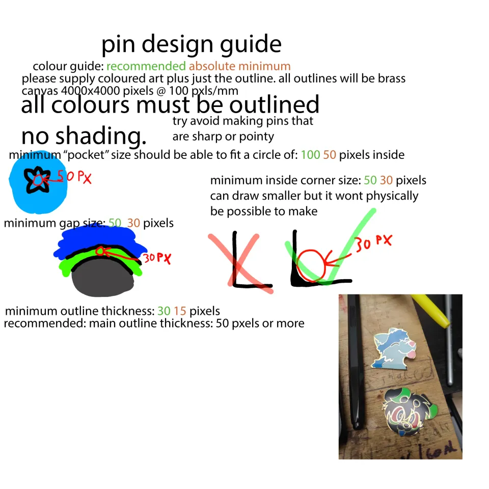 Pin design guide sheet with sizes for pockets, gaps, corners and outlines.